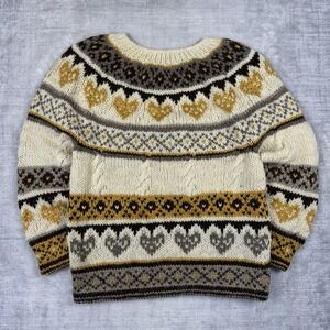 Vintage Hand Knit Sweater Mens Medium Beige Icelandic Fair Isle Pullover Wool